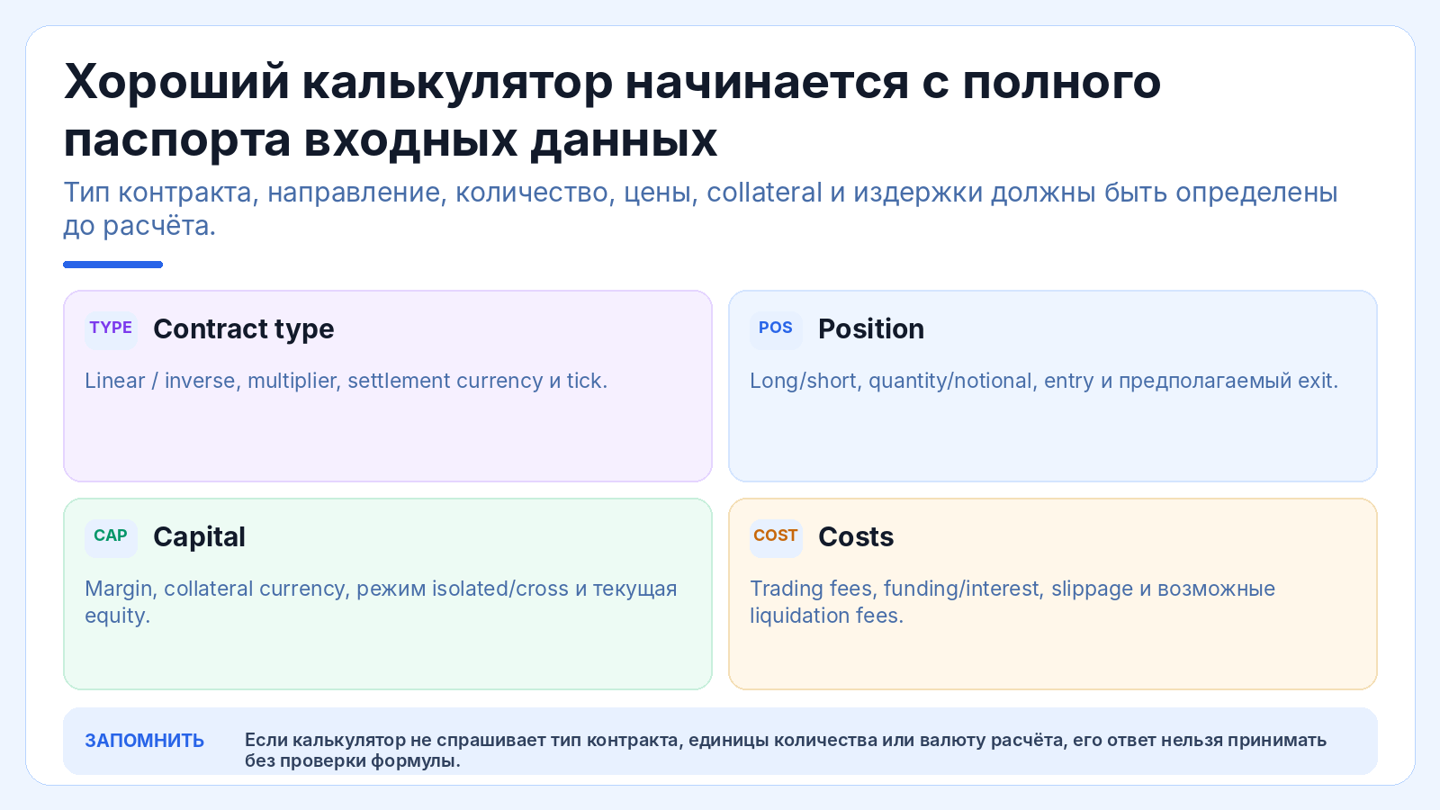 Хороший калькулятор начинается с полного паспорта входных данных