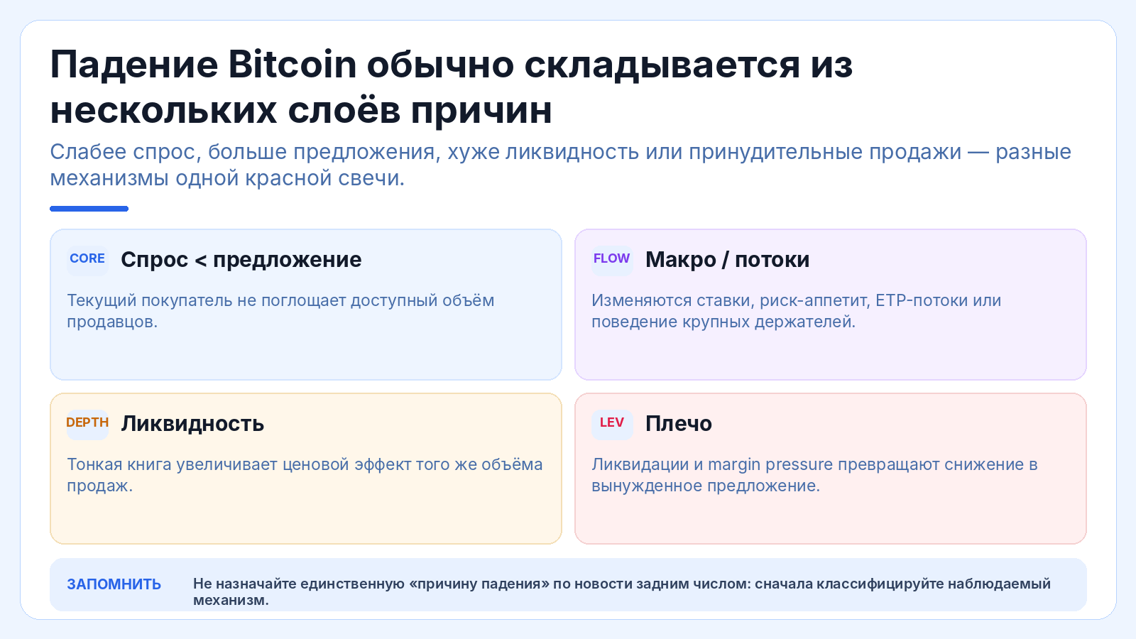 Падение Bitcoin обычно складывается из нескольких слоёв причин