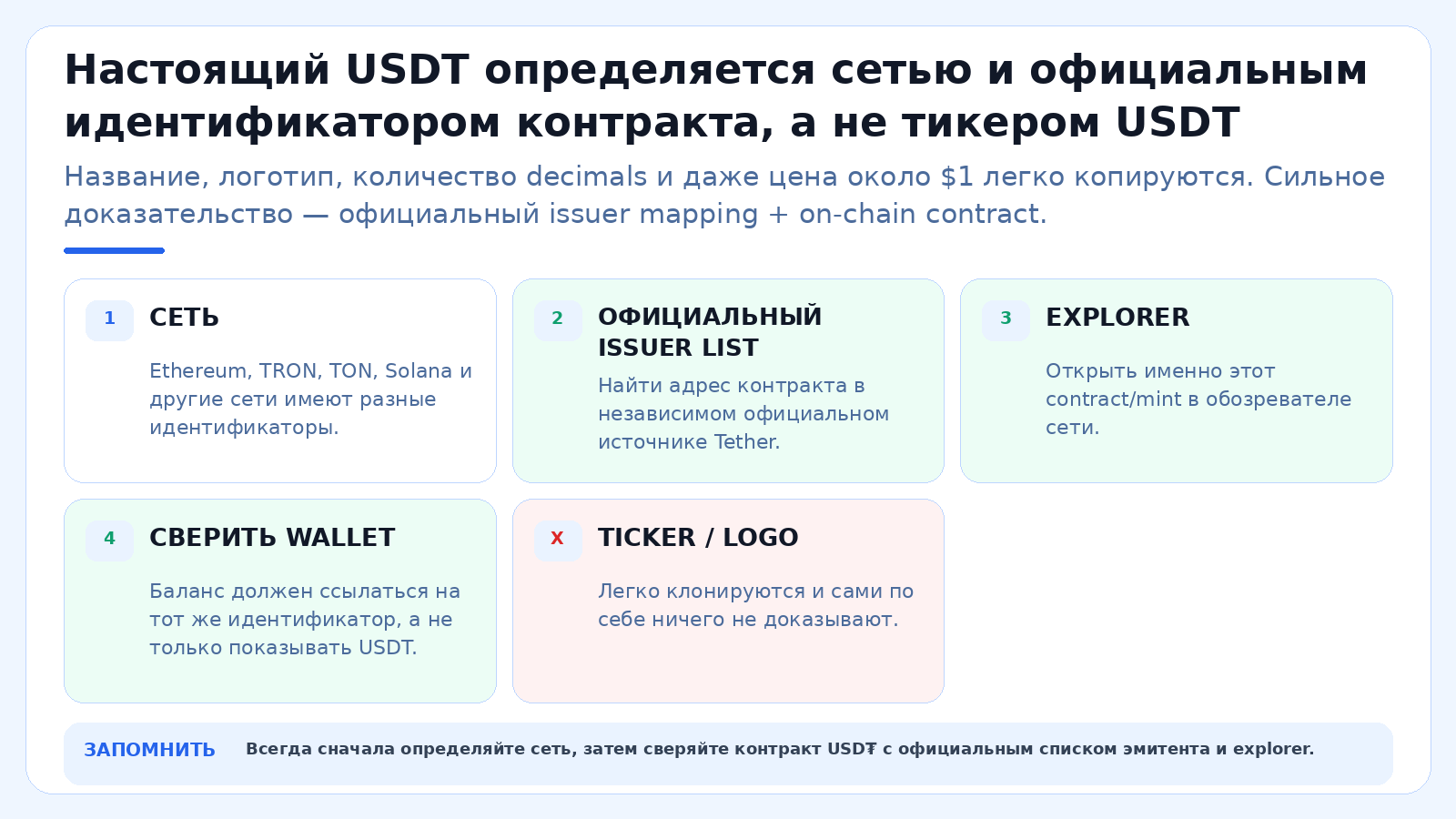 Настоящий USDT определяется сетью и официальным идентификатором контракта, а не тикером USDT