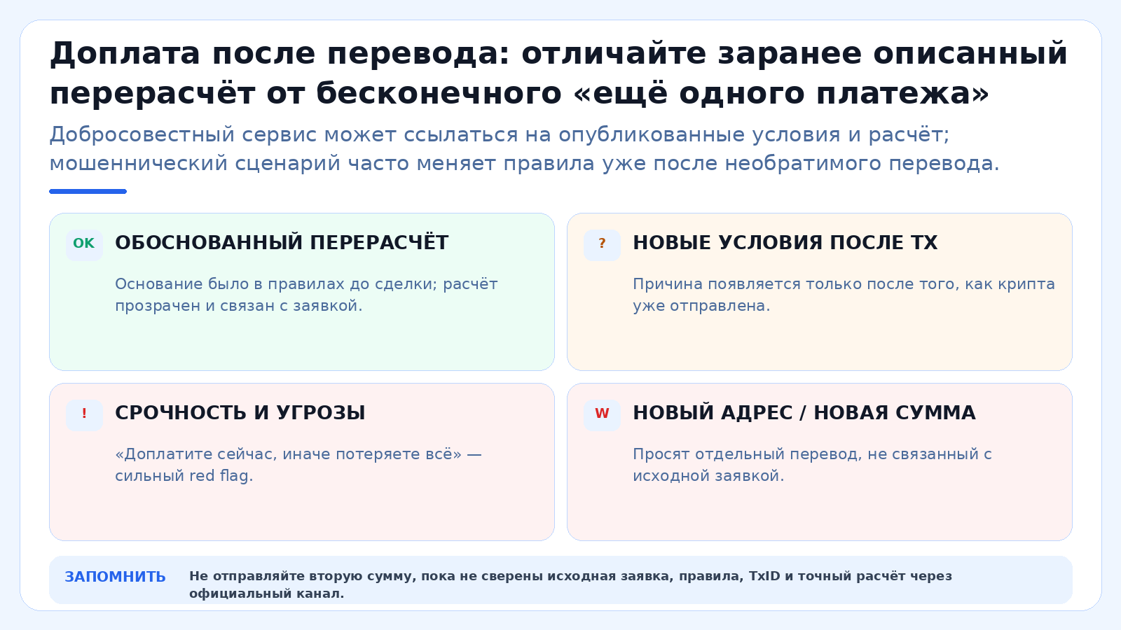 Доплата после перевода: отличайте заранее описанный перерасчёт от бесконечного «ещё одного платежа»