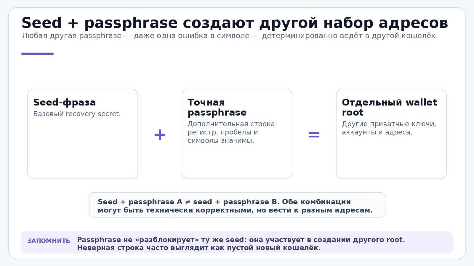 Seed + passphrase создают другой набор адресов